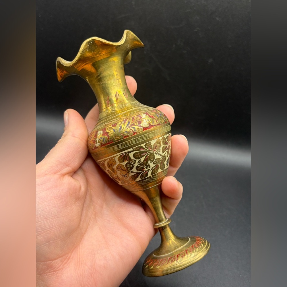 Vintage Etched Enamel Brass Ruffle Rim Bud Vase Table Vase Boho Eclectic Decor